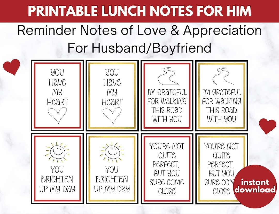Printable Lunch Notes For Him Husband Lunch Notes And Lunchbox Love Notes Etsy