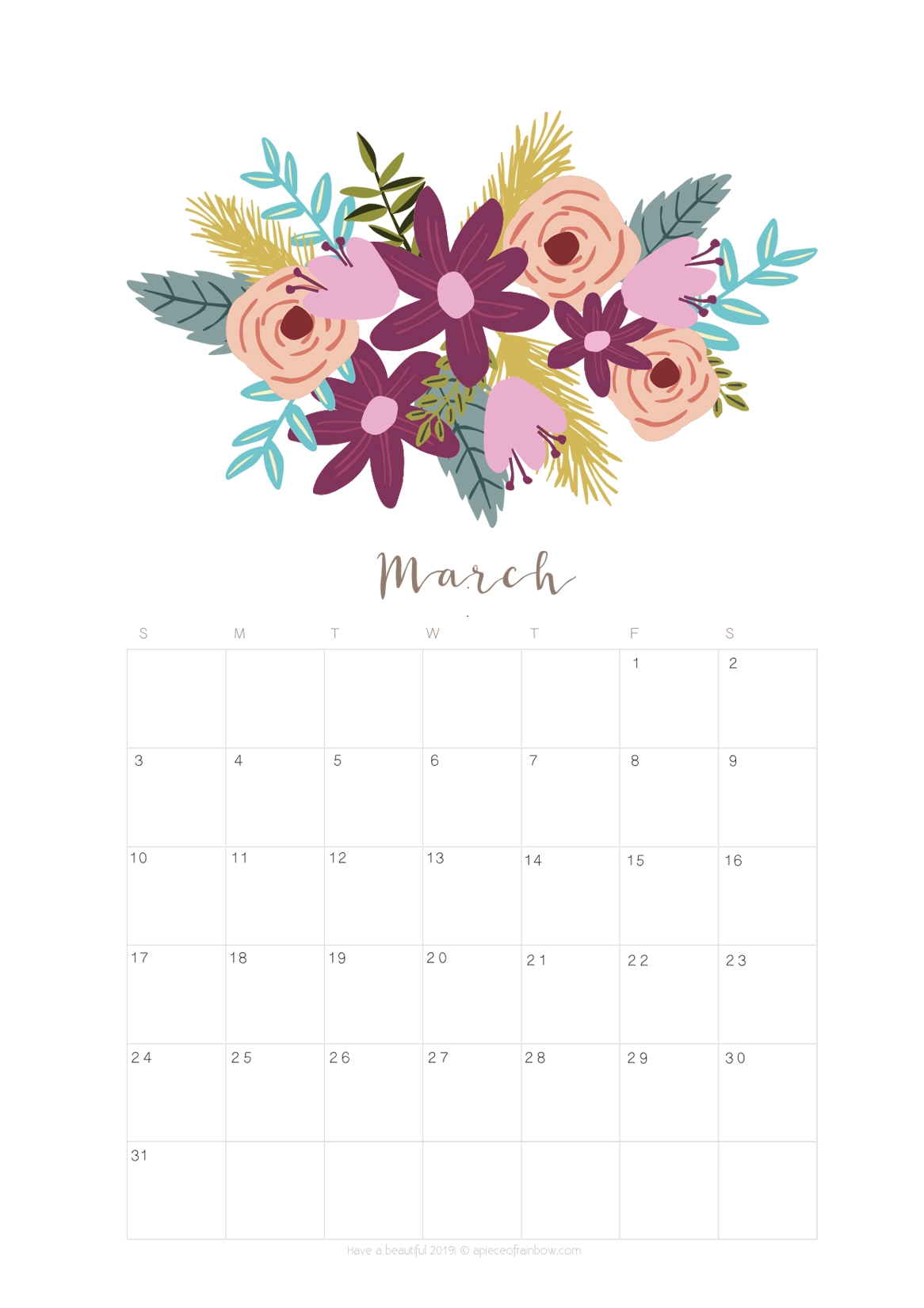 Printable March 2018 Calendar Monthly Planner Flower Design A Piece Of Rainbow