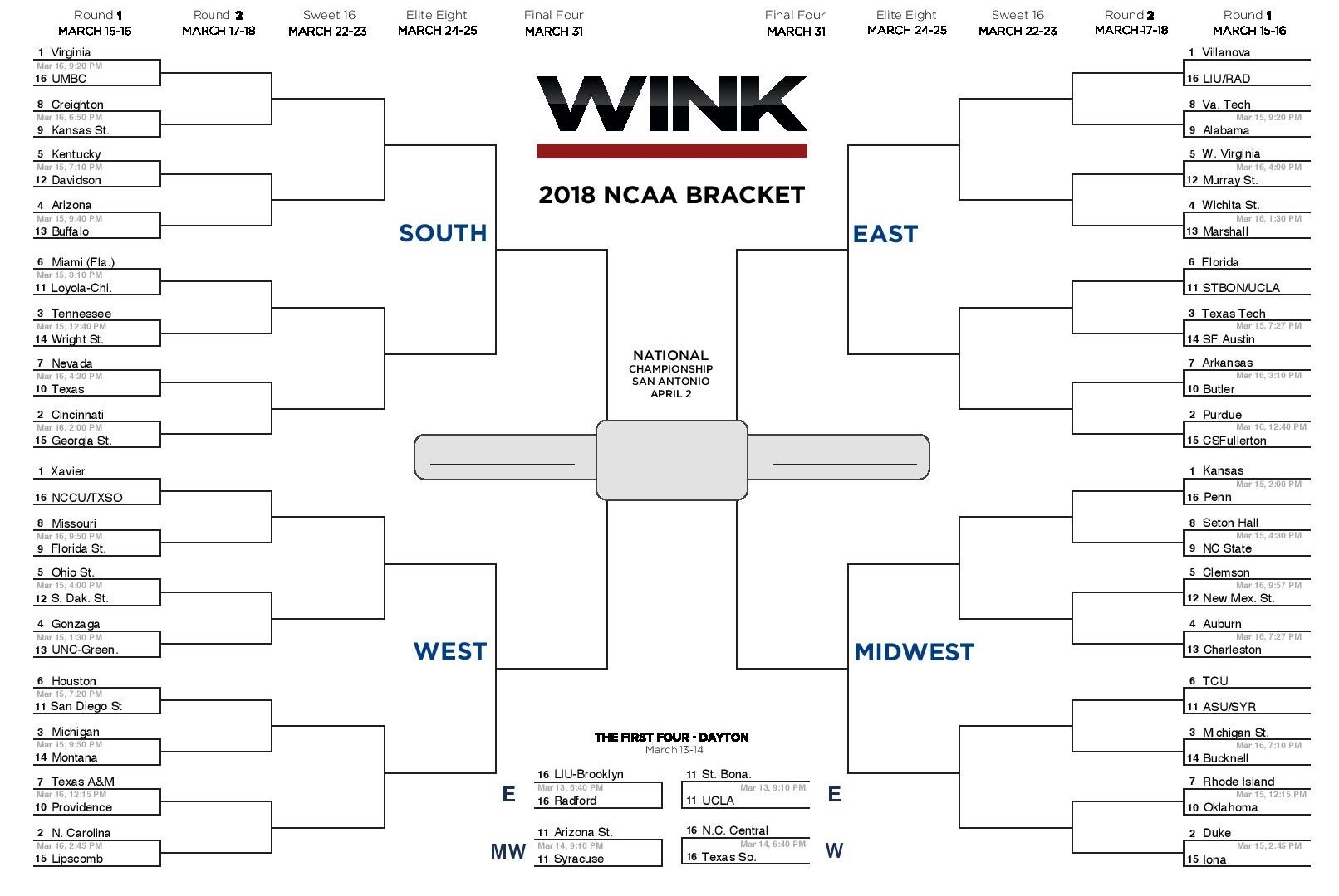 Printable March Madness Bracket For NCAA Tournament 2018 WINK 