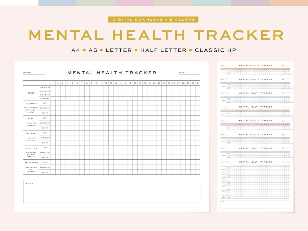 Printable Mental Health Tracker Fillable Monthly Mental Health Planner 5 Sizes A4 A5 U0026 US Letter Half Letter Classic HP 8 Colors Etsy
