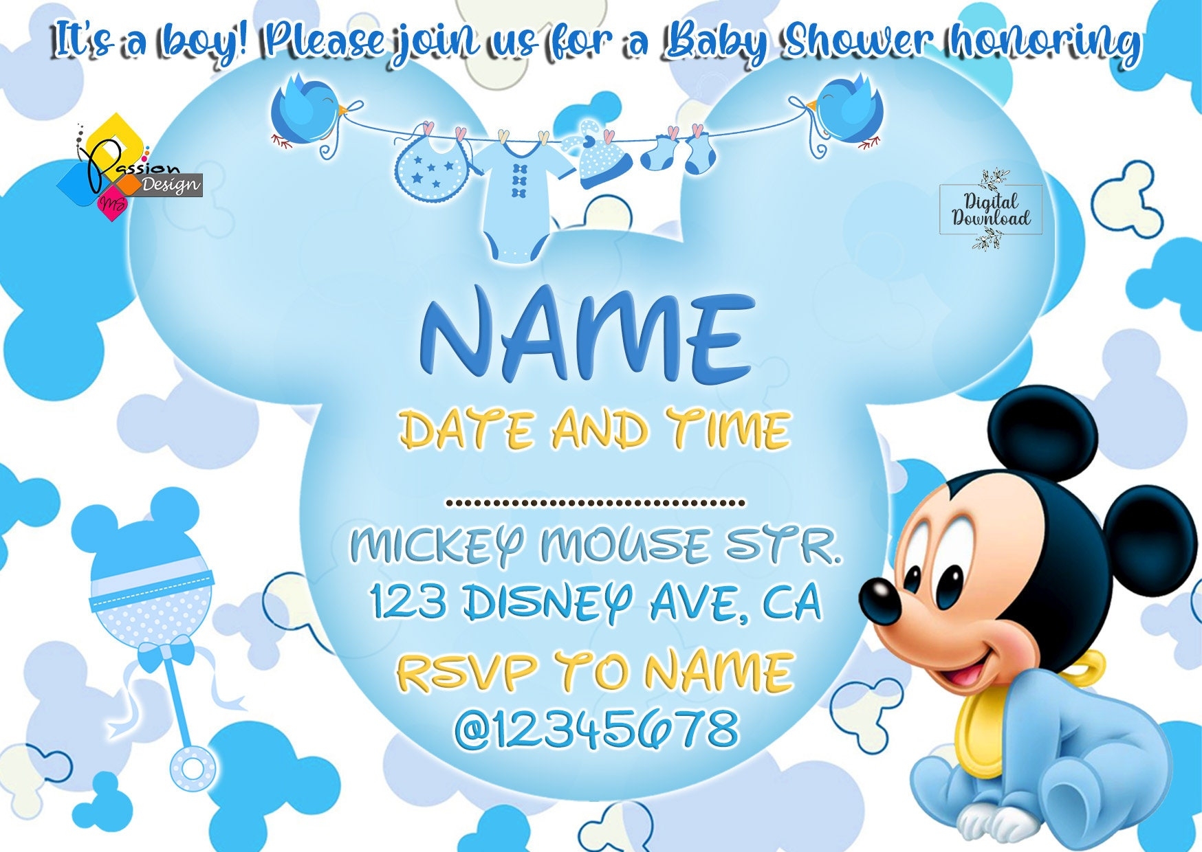 Printable Mickey Mouse Baby Blue Baby Shower Invitation Personalized Mickey Mouse Invite Digital Mickey Mouse Baby Shower Invitation Etsy
