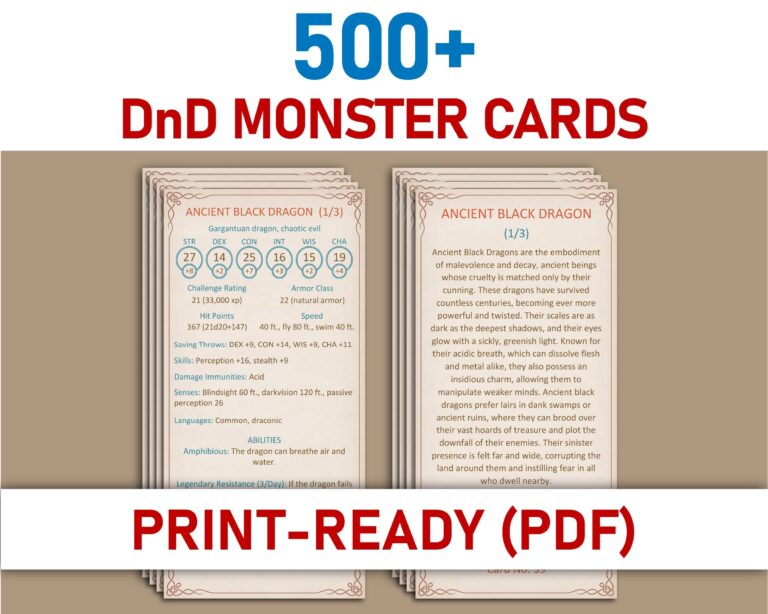 Printable Monster Cards PDF Bundle Complete SRD5 1 Collection With Original Lore 540 Cards 