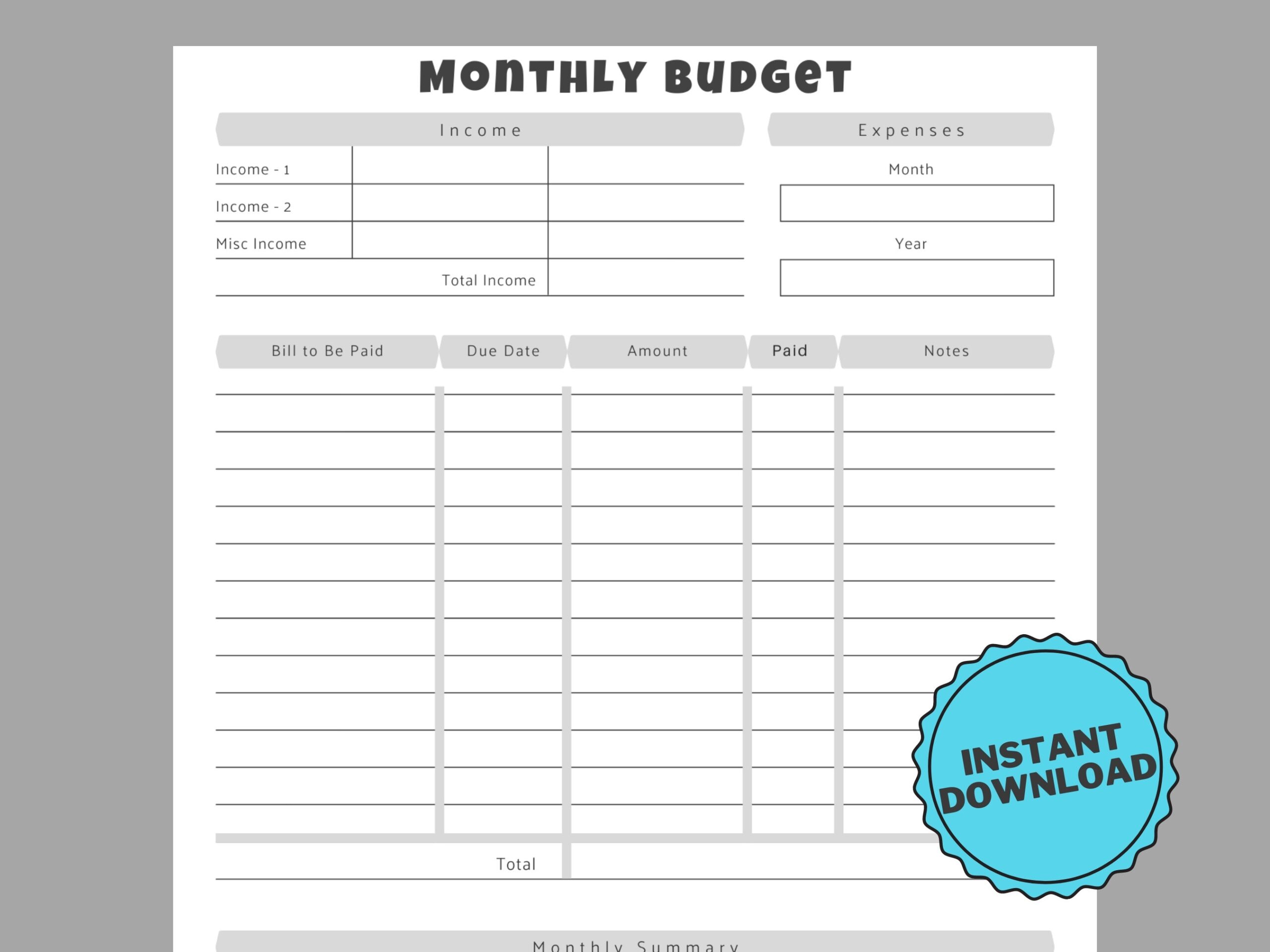 Printable Monthly Budget Sheet Blue Grey Orange PDF Download Etsy