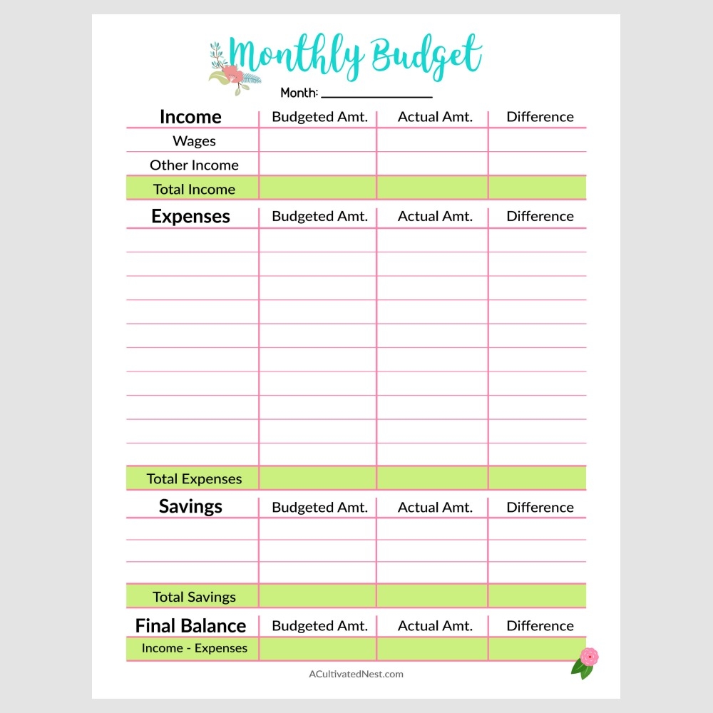 free monthly budget template printable