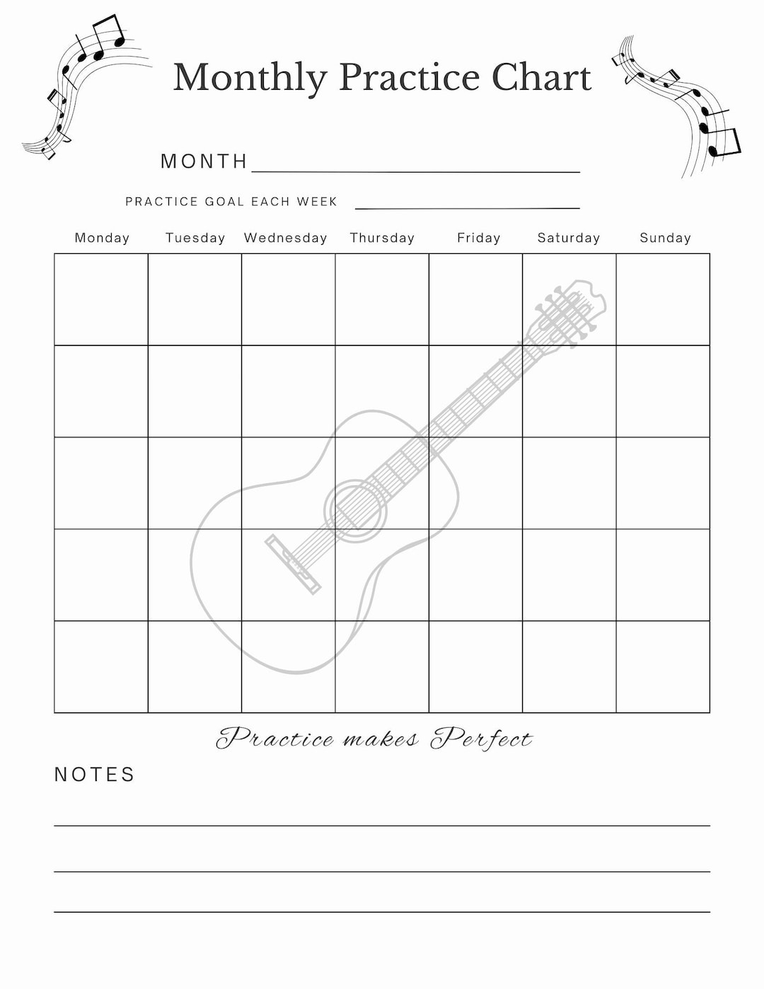 Printable Monthly Music Guitar Lesson Practice Chart Student Instrument Log Band Teacher Planner Voice Lesson Instant Digital Download Etsy
