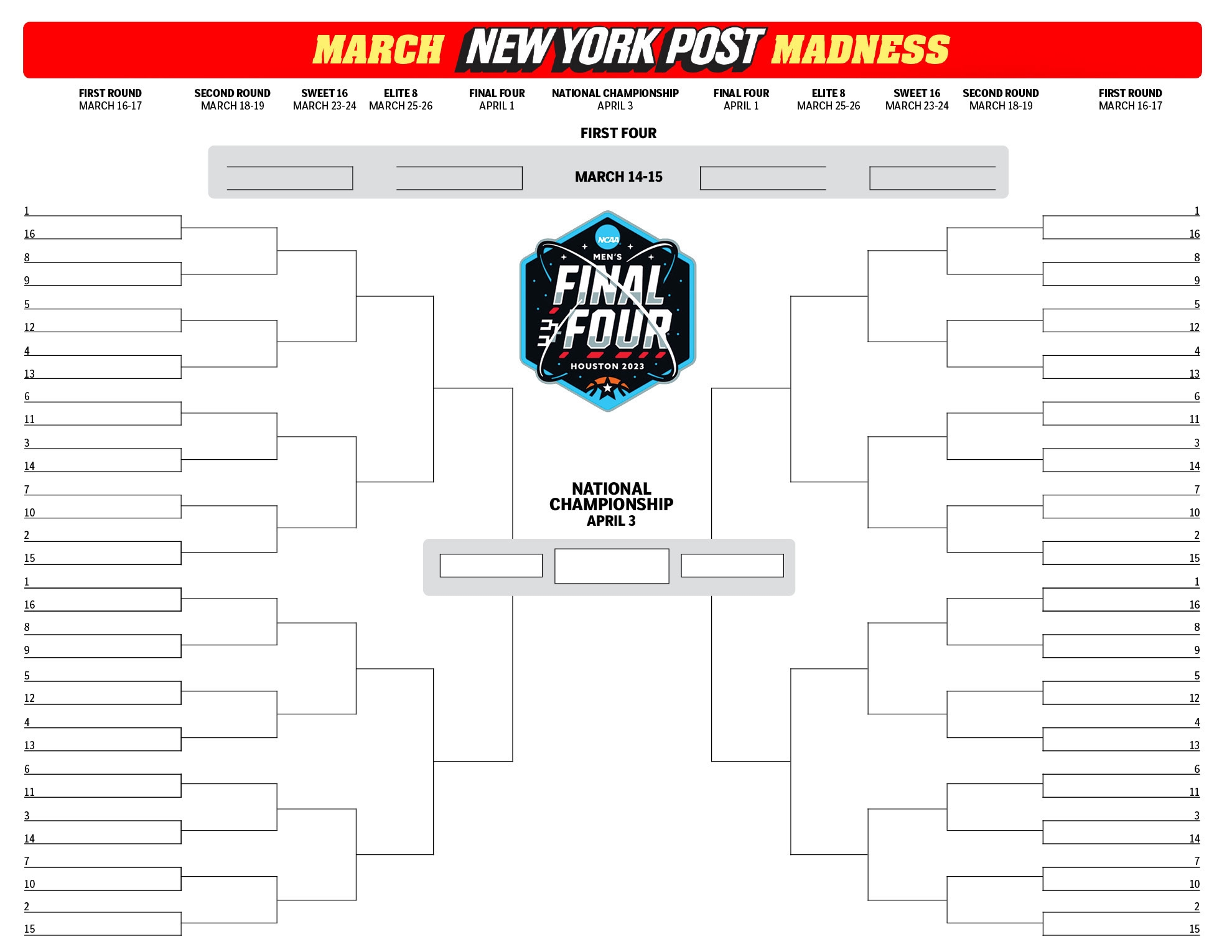 Printable NCAA Bracket Full 2023 March Madness Field