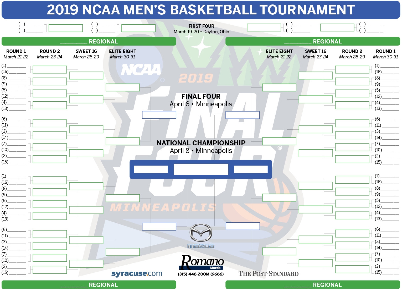 Printable NCAA Tournament Bracket 2019 Schedule Locations For 