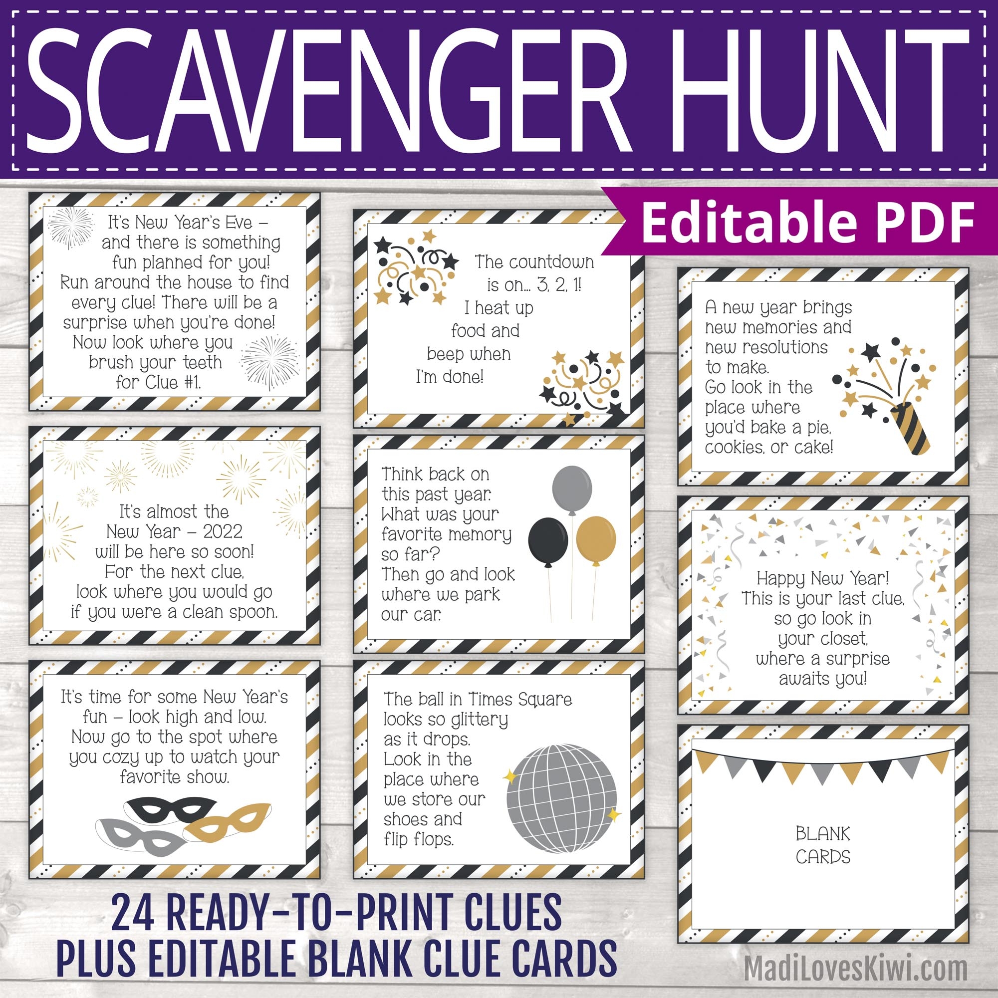Printable New Year s Eve Scavenger Hunt Kids Indoor Treasure Clue Game Cards For New Year