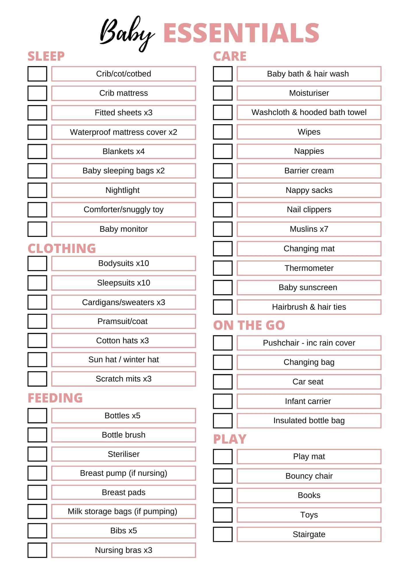 newborn baby checklist printable