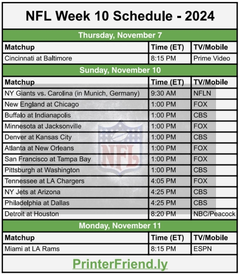 Printable NFL Week 10 Schedule Archives Printerfriendly