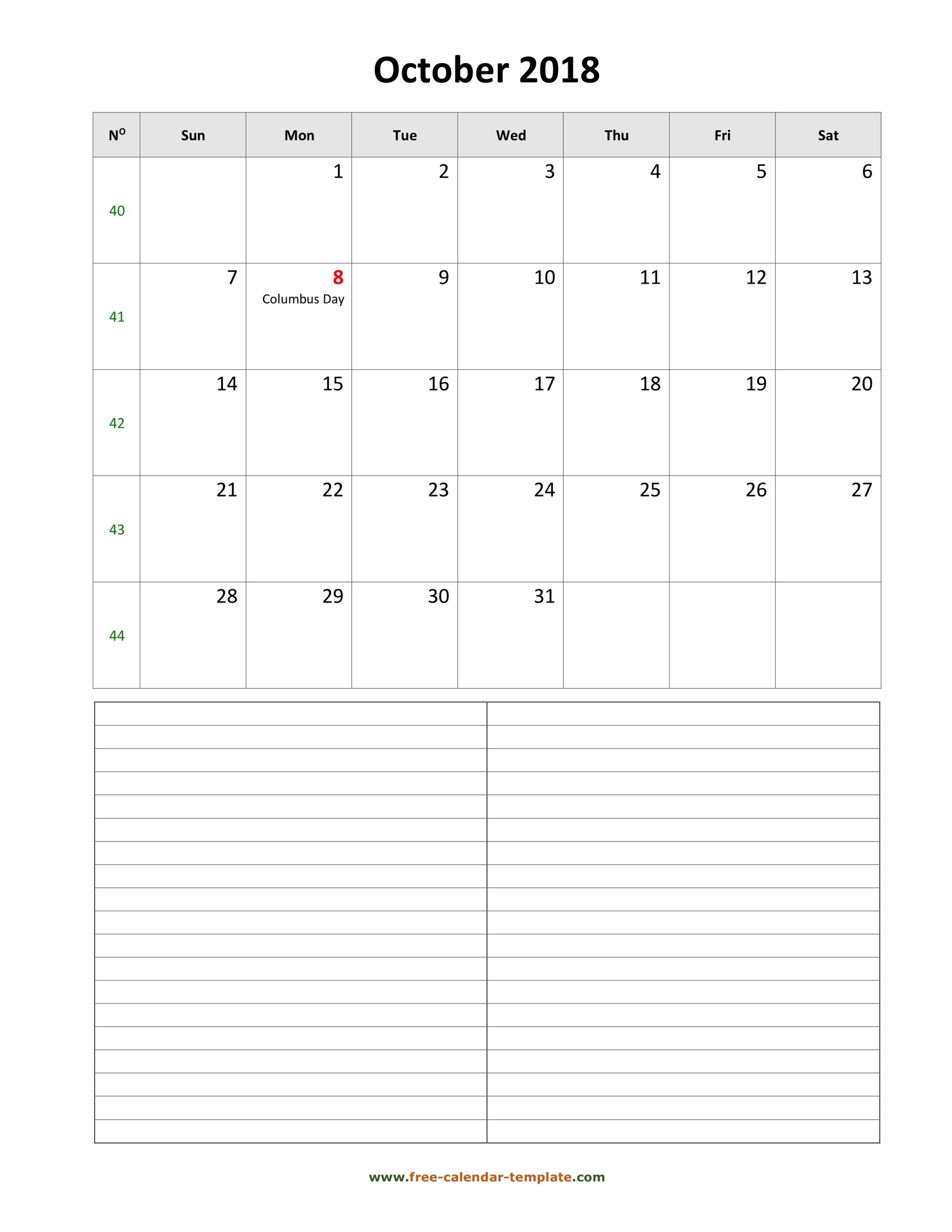 Printable October 2018 Calendar With Space For Appointments vertical Free calendar template
