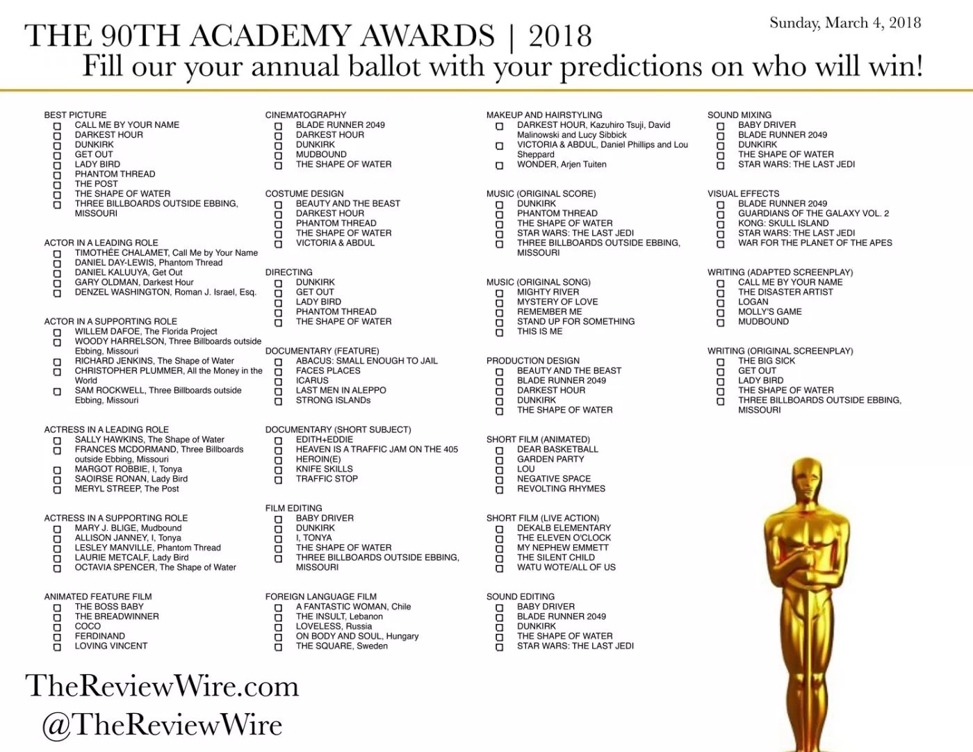 Printable Oscar Ballot 2018 The Complete List The Review Wire