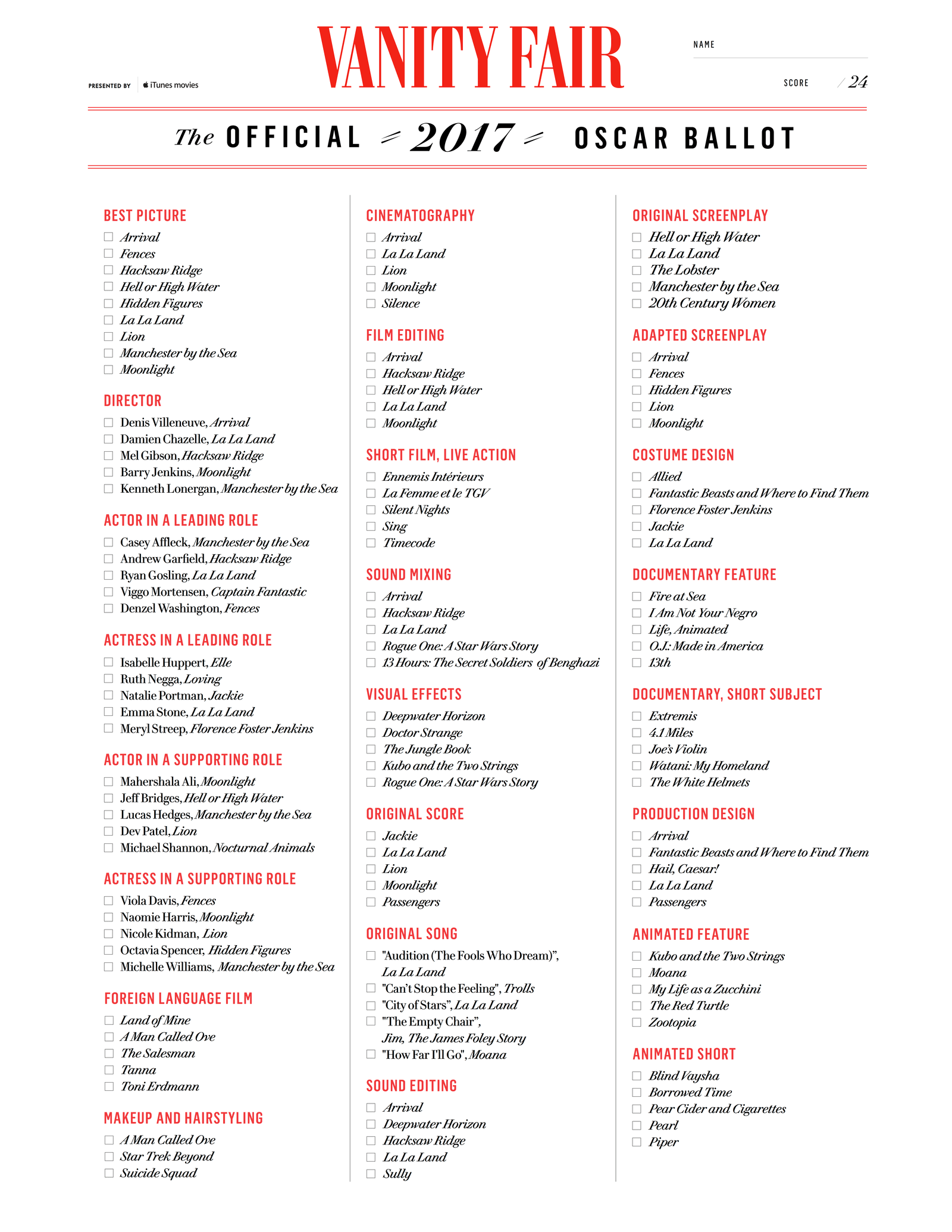 Printable Oscars Ballot 2017 All The Nominees And More Vanity Fair