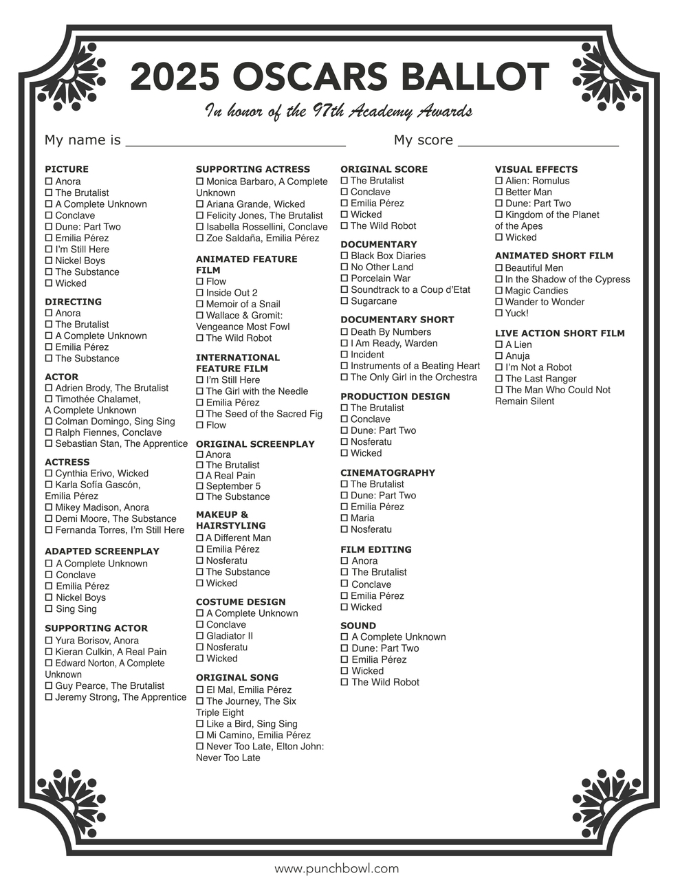 2018 oscar ballot printable