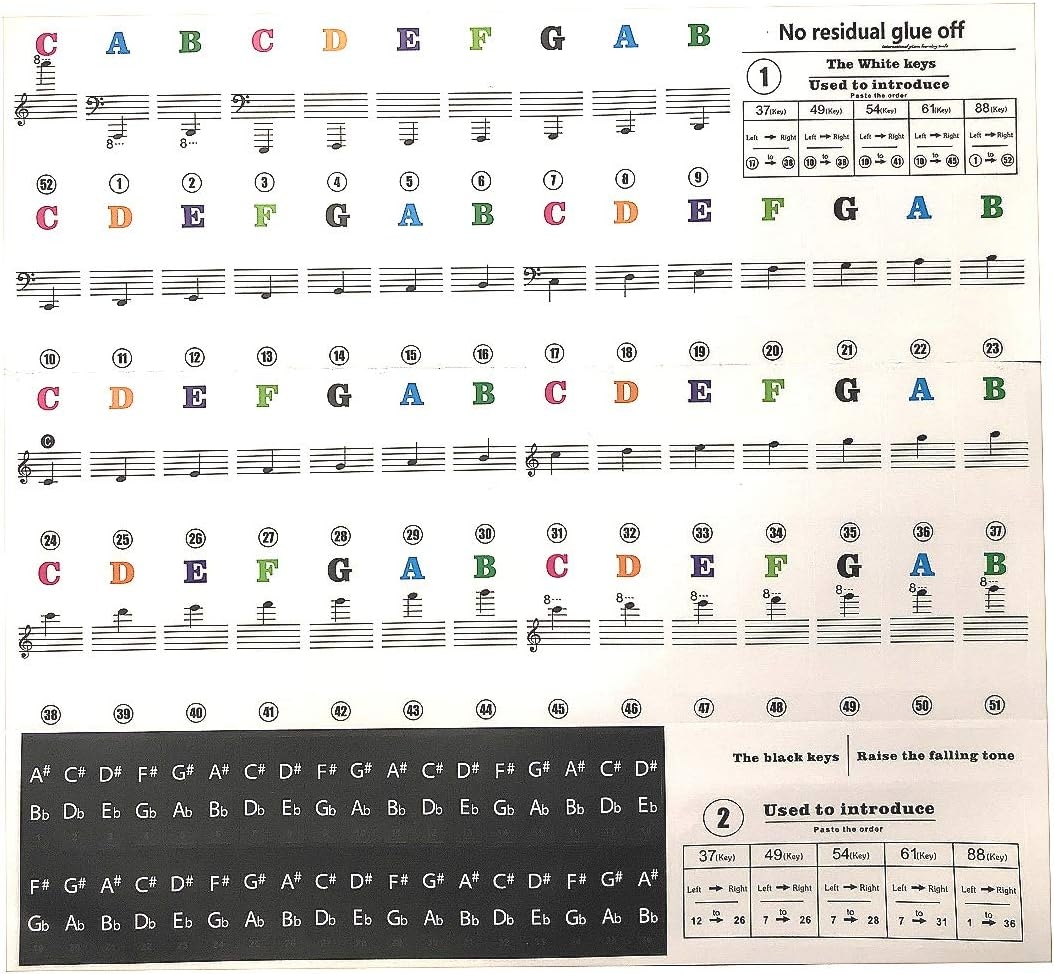 Printable PDF Removable Piano Key Stickers For 88 61 54 49 37 Key 