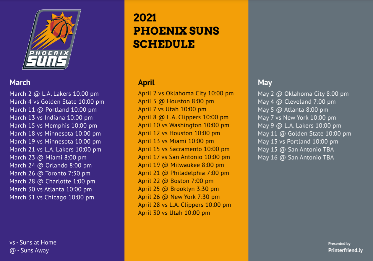 Printable Phoenix Suns Schedule For 2020 21 TV Schedule Updated Printerfriendly