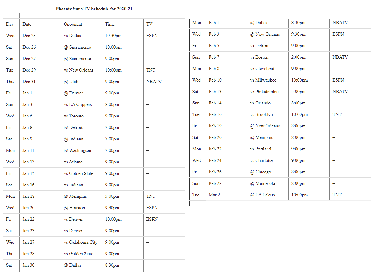 Printable Phoenix Suns Schedule TV Schedule For Remainder Of 2020 21 Season Interbasket