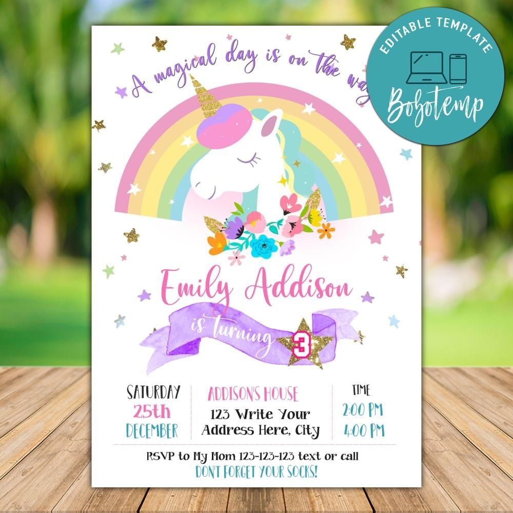 Printable Rainbow Unicorn Birthday Invitation Instant Download Bobotemp