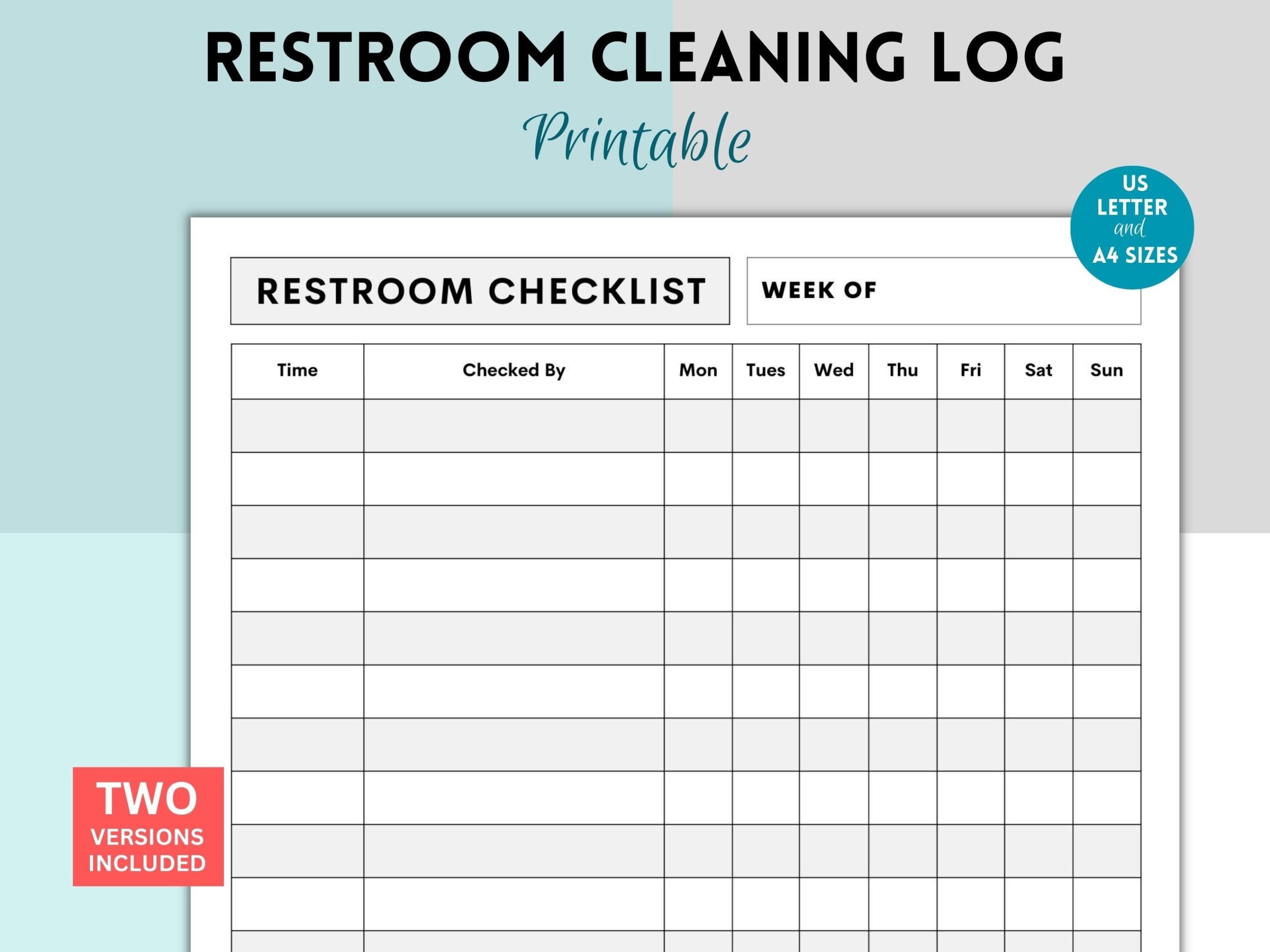 Printable Restroom Cleaning Log Business Checklist digital 