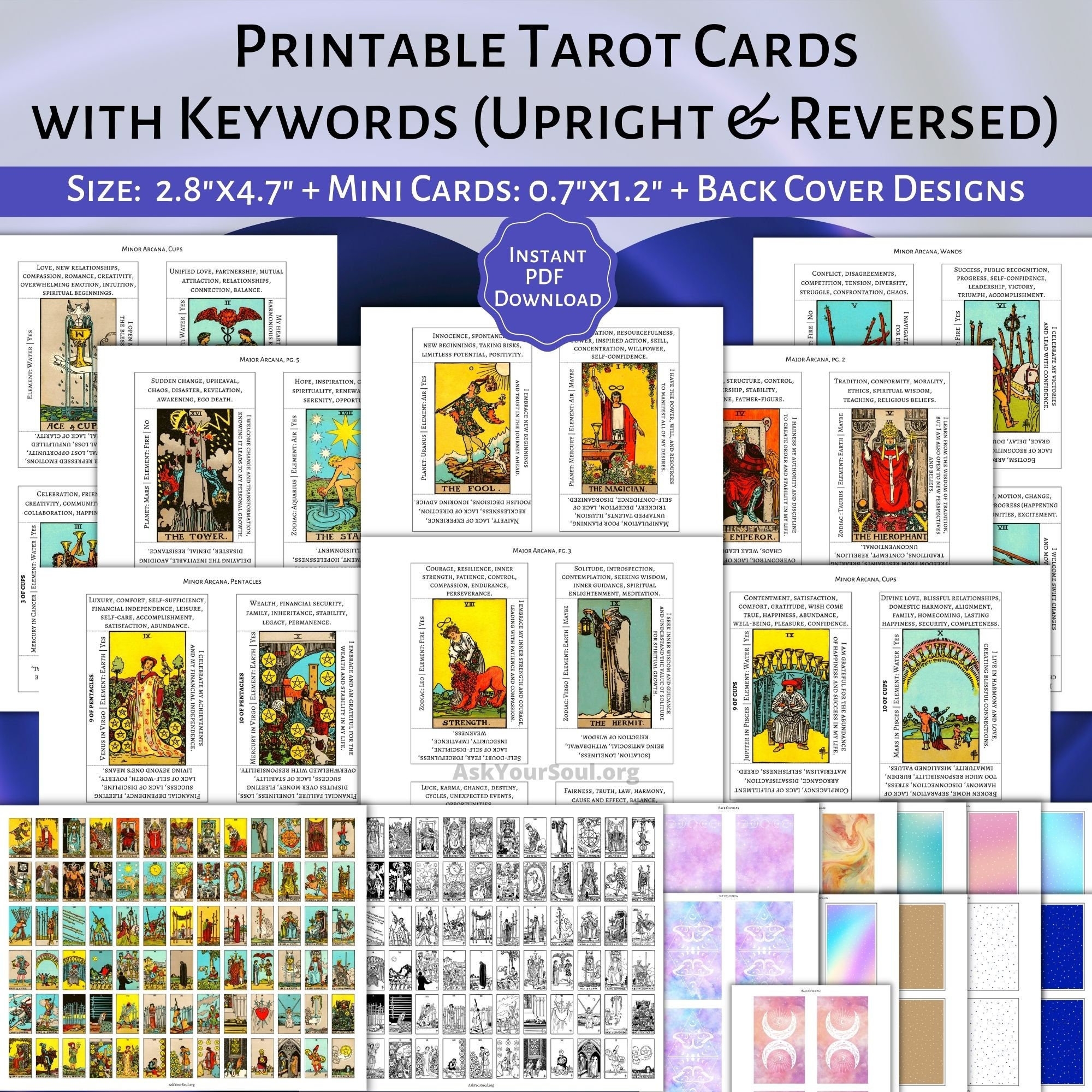 PRINTABLE Rider waite Tarot Cards With Keywords PDF Upright And Reversed Meanings Tarot Beginner Deck Correspondences Learn Tarot Easy Etsy