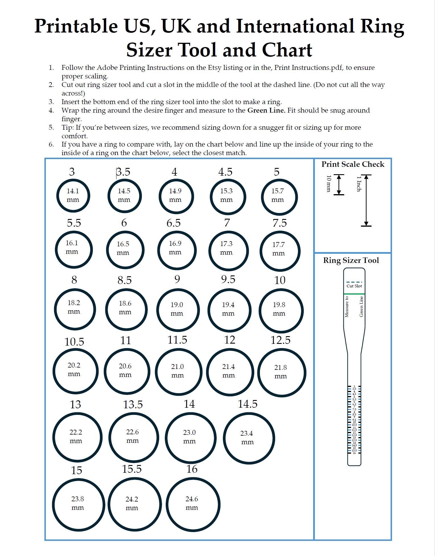 Printable Ring Sizer Tool US UK International Size Chart PDF 