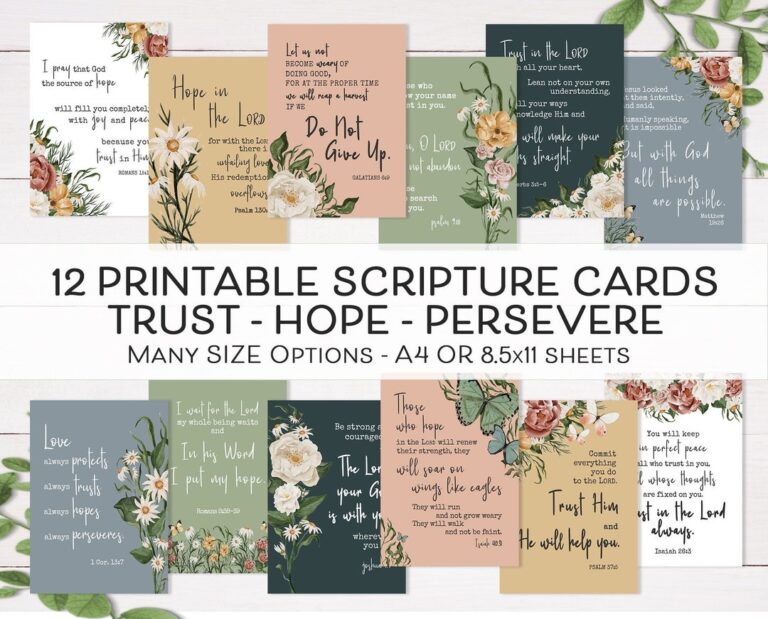 Printable Scripture Cards Trust Hope Persevere Bible Verse Cards Christian Encouragement Notes Bible Memory Cards Bible Bookmark Etsy