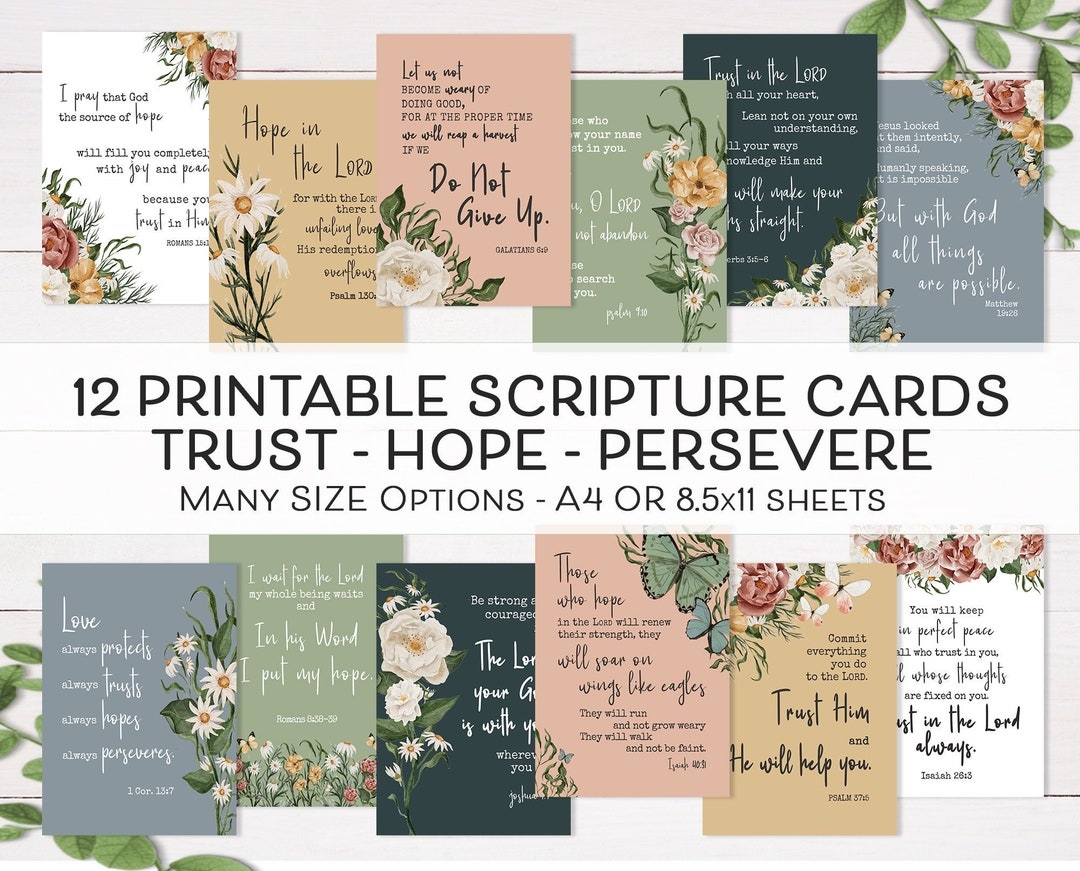 Printable Scripture Cards Trust Hope Persevere Bible Verse Cards Christian Encouragement Notes Bible Memory Cards Bible Bookmark Etsy