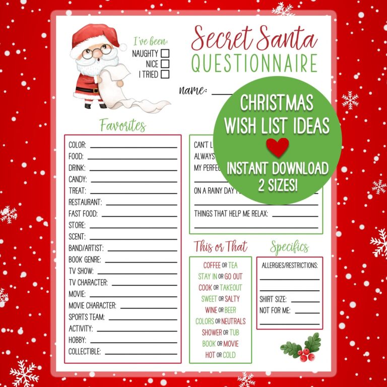 PRINTABLE Secret Santa Christmas Wish List Holiday Gift Exchange Questionnaire