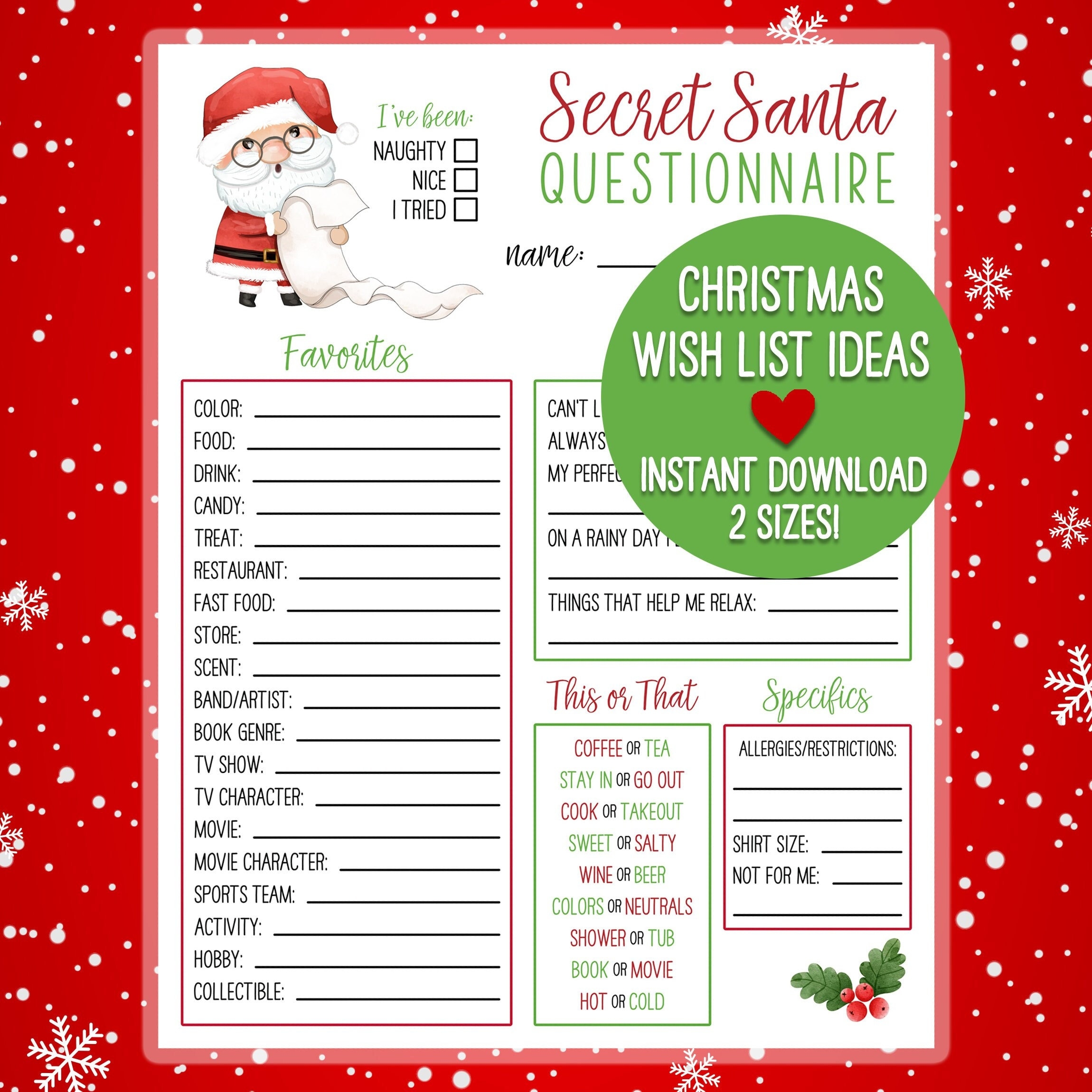 PRINTABLE Secret Santa Christmas Wish List Holiday Gift Exchange Questionnaire Etsy New Zealand