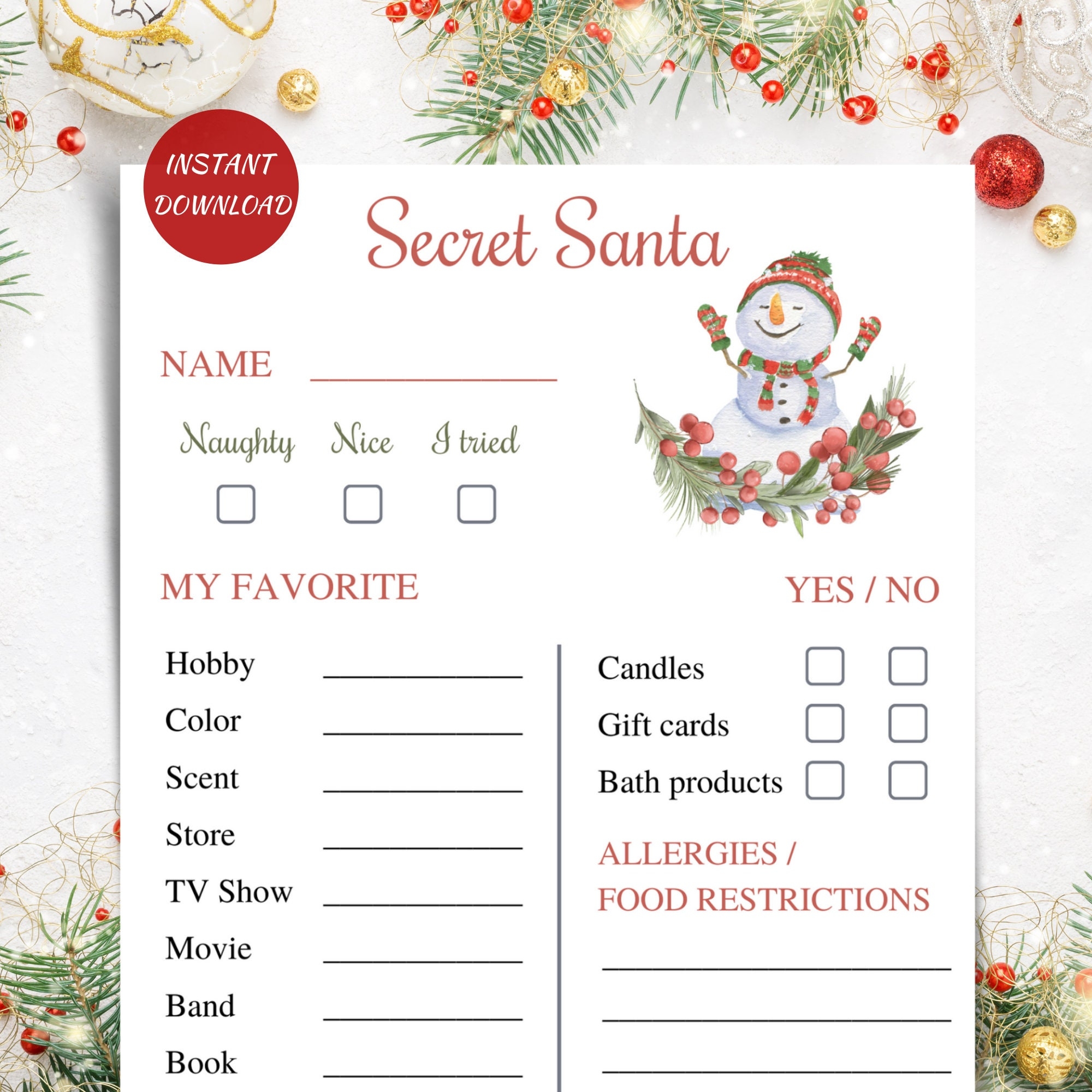 Printable Secret Santa Questionnaire 5x7 Work Secret Santa Info Cards Christmas Gift Exchange Questions Secret Santa Christmas Wish List Etsy