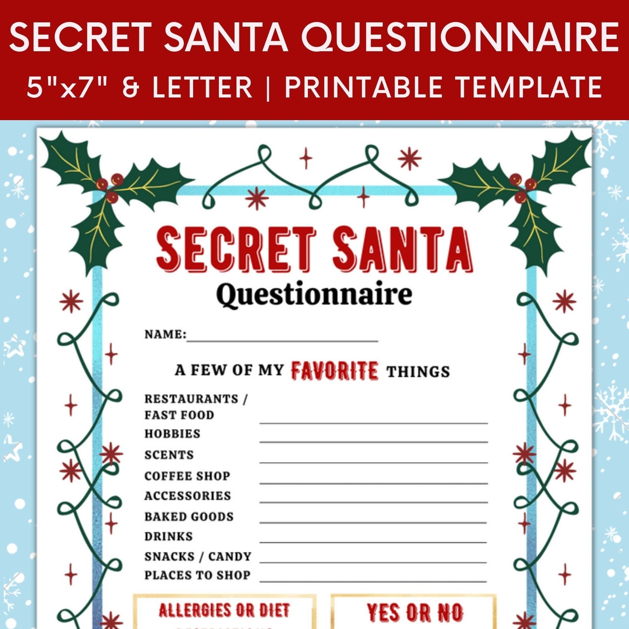 Printable Secret Santa Questionnaire For Christmas Gift Exchange Questions Work Secret Santa My Favorite Things Christmas Wish List Etsy