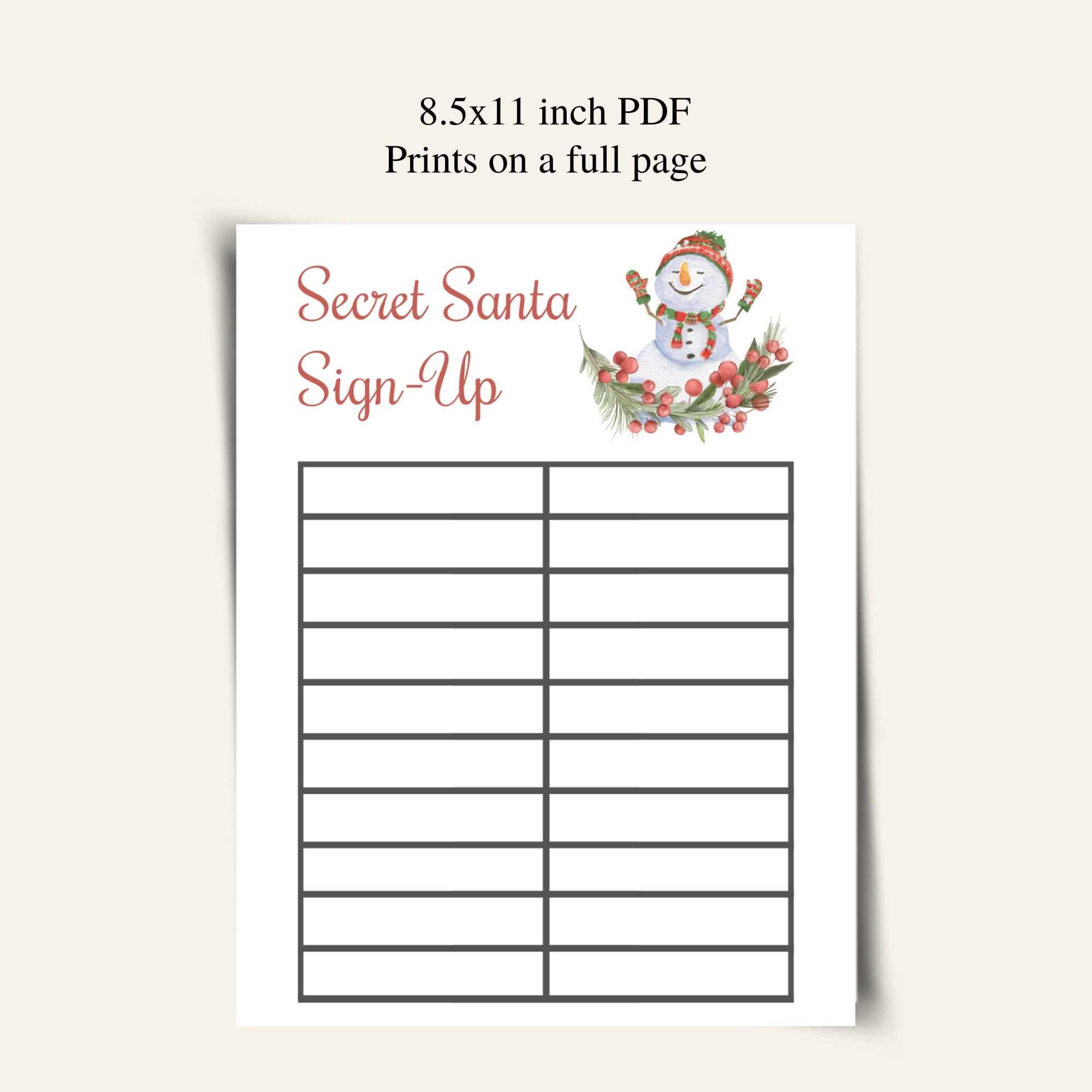 Printable Secret Santa Sign Up Sheet Christmas Gift Exchange Sign Up Sheet Christmas Office Party Gift Swap Sign Up Sheet Etsy