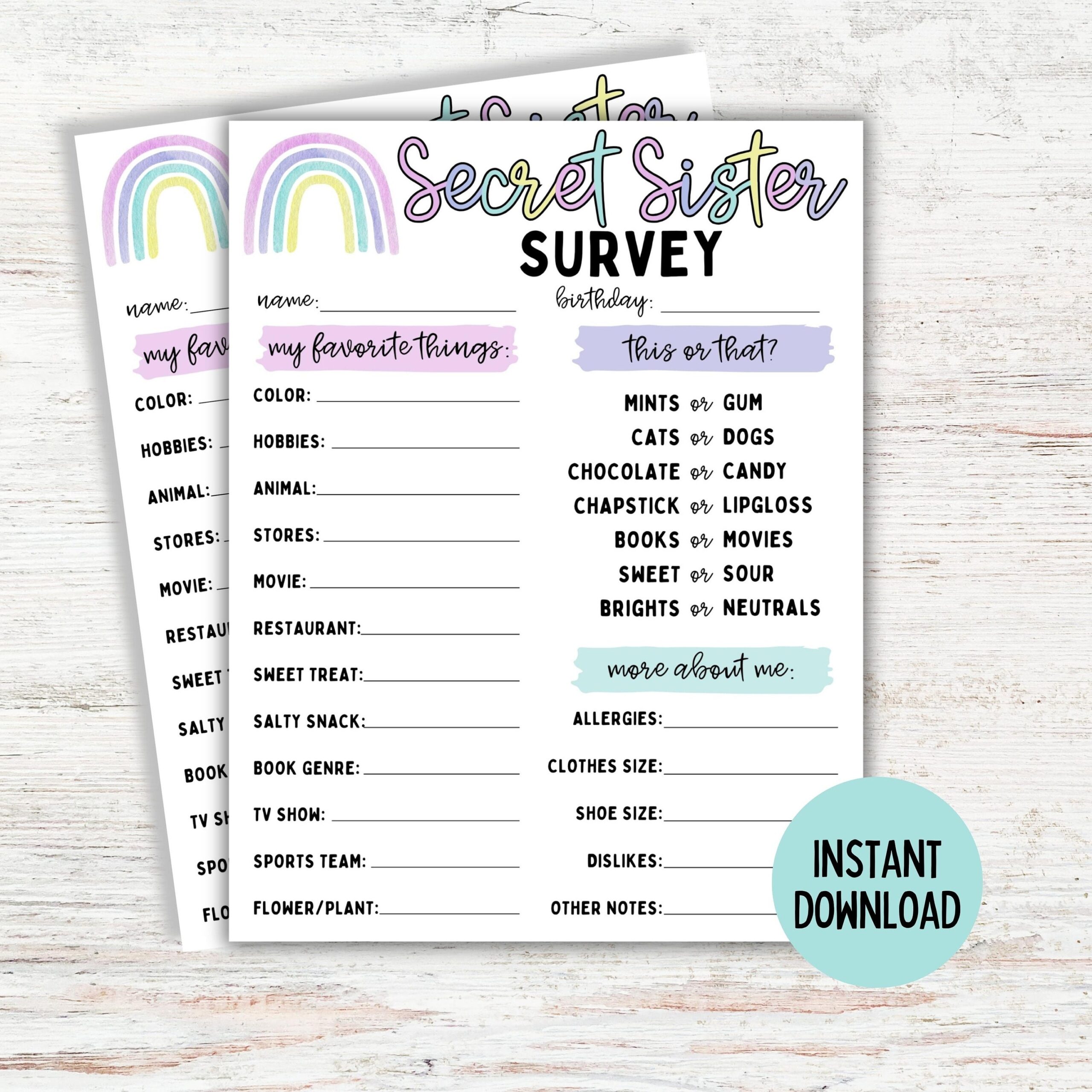 Printable Secret Sister Survey Secret Sister Church Secret Sister Camp Questionnaire YW Secret Sister Girls Gift Exchange Etsy