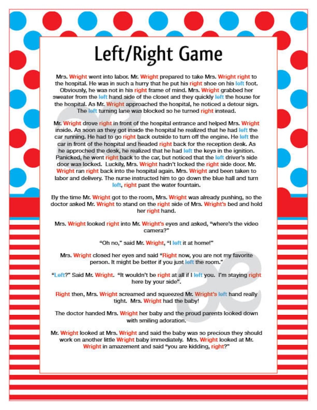 Printable Shower Game Left Right Game Instant Download Seuss Etsy UK