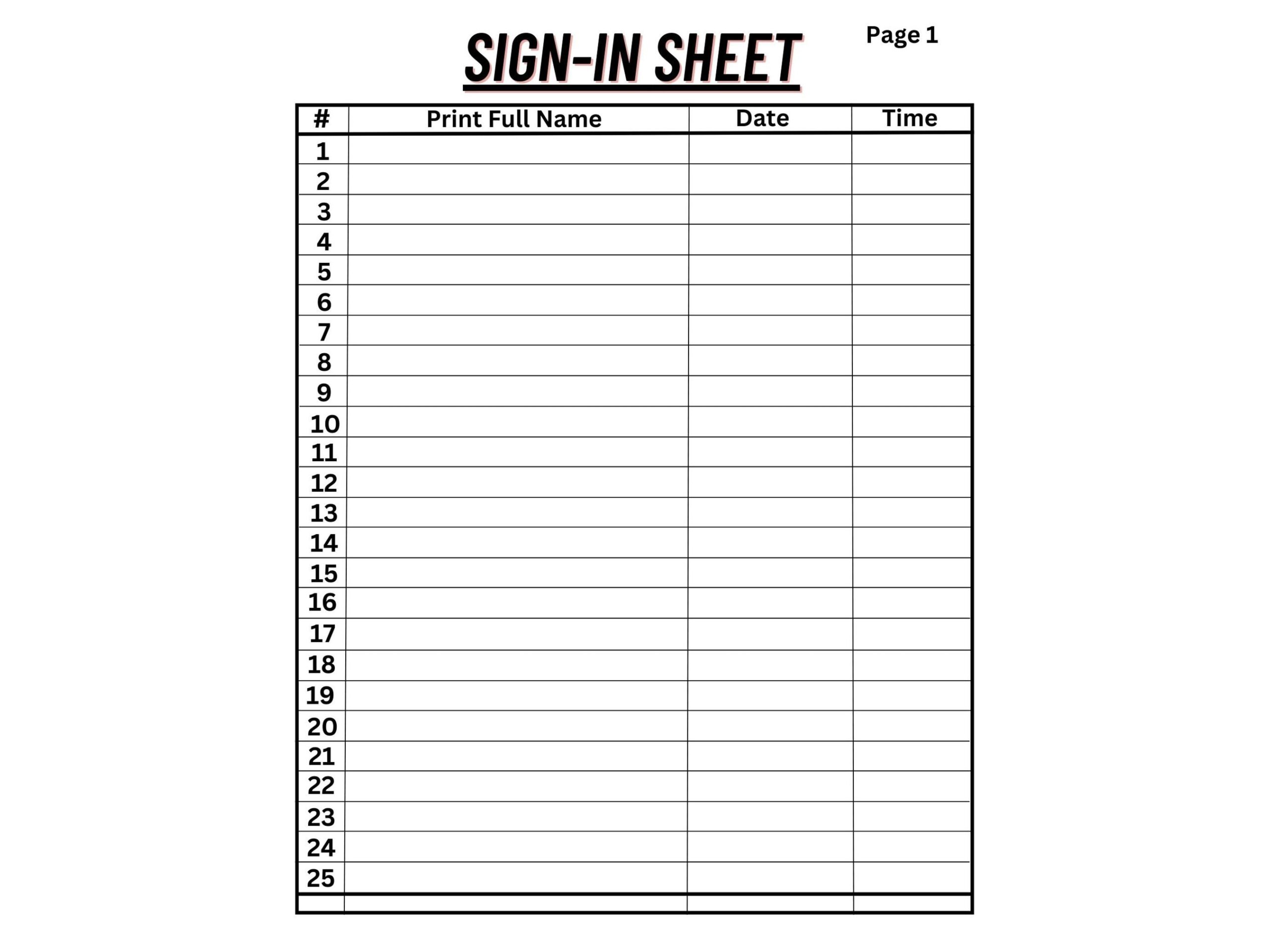 Printable Sign in Sheet 25 Rows 8 5x11 Inches Etsy
