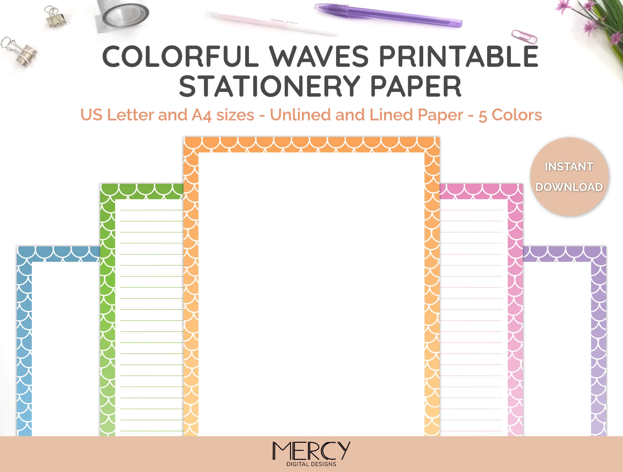 Printable Stationery Borders Paper Colorful Waves Mercy Digital 