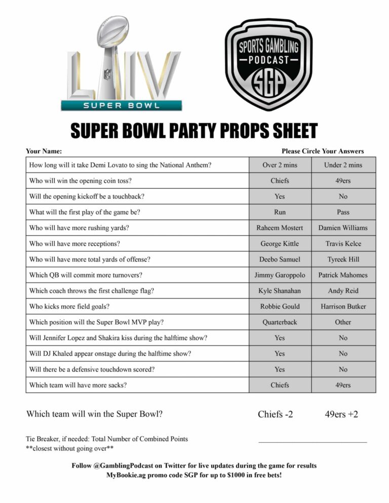 Printable Super Bowl Party Props Sheet Sports Gambling Podcast