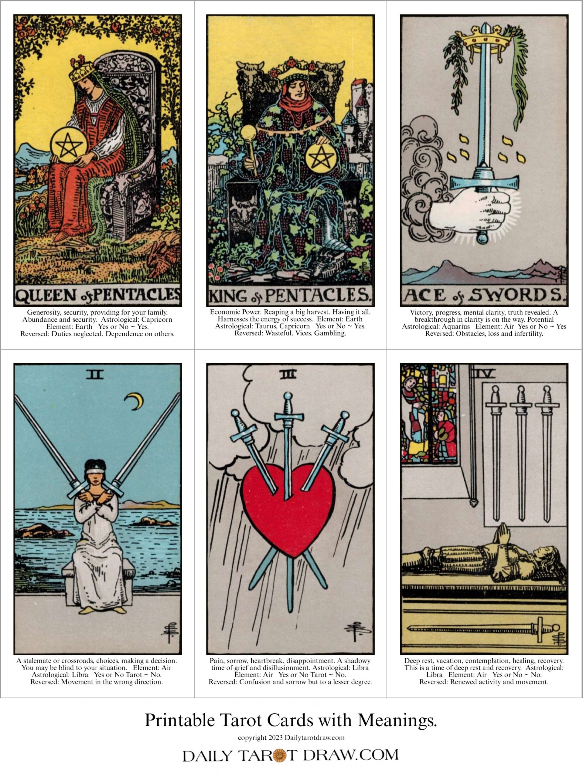 Printable Tarot Cards With Meanings Worksheets Library