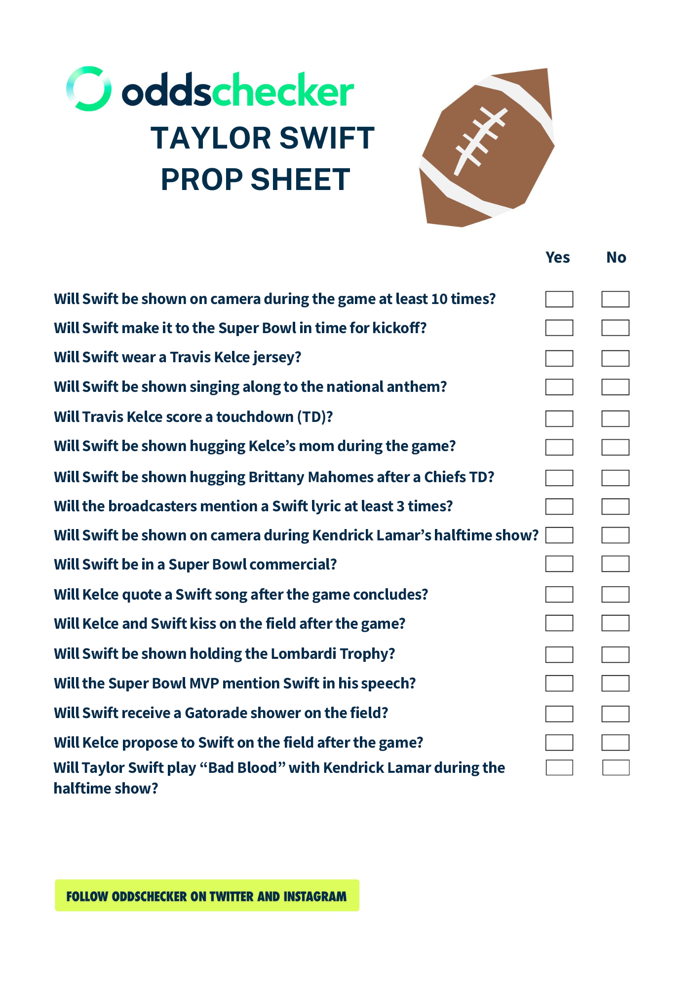 Printable Taylor Swift Super Bowl Prop Sheet PDF Featuring Taylor 