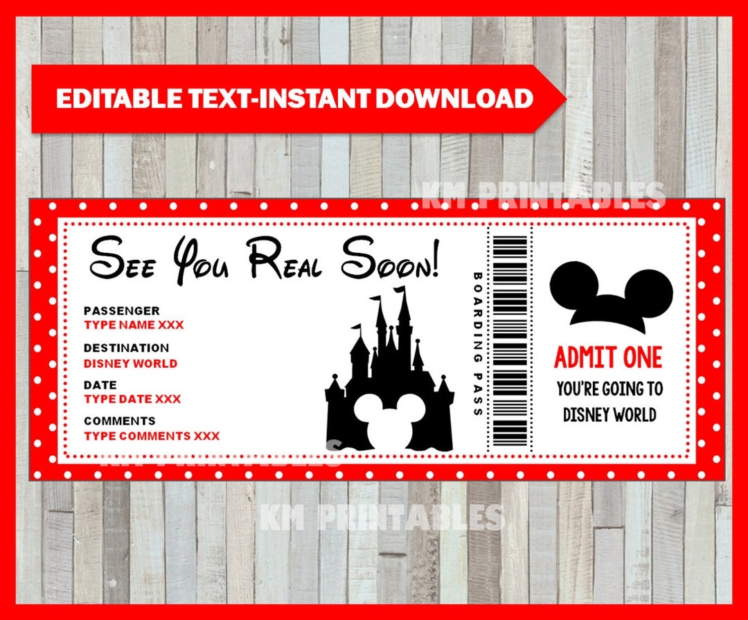 Printable Ticket To Disneyworld DIY Personalize Disneyworld Disneyland Boarding Pass Surprise INSTANT DOWNLOAD Etsy