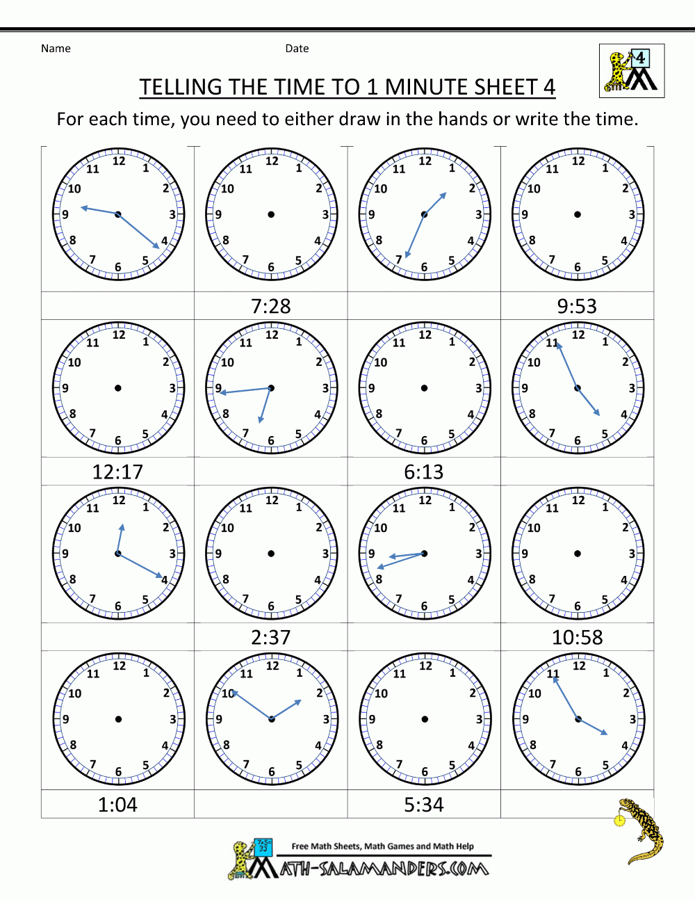 Printable time worksheets telling the time to 1 min 4 Clock Worksheets Library