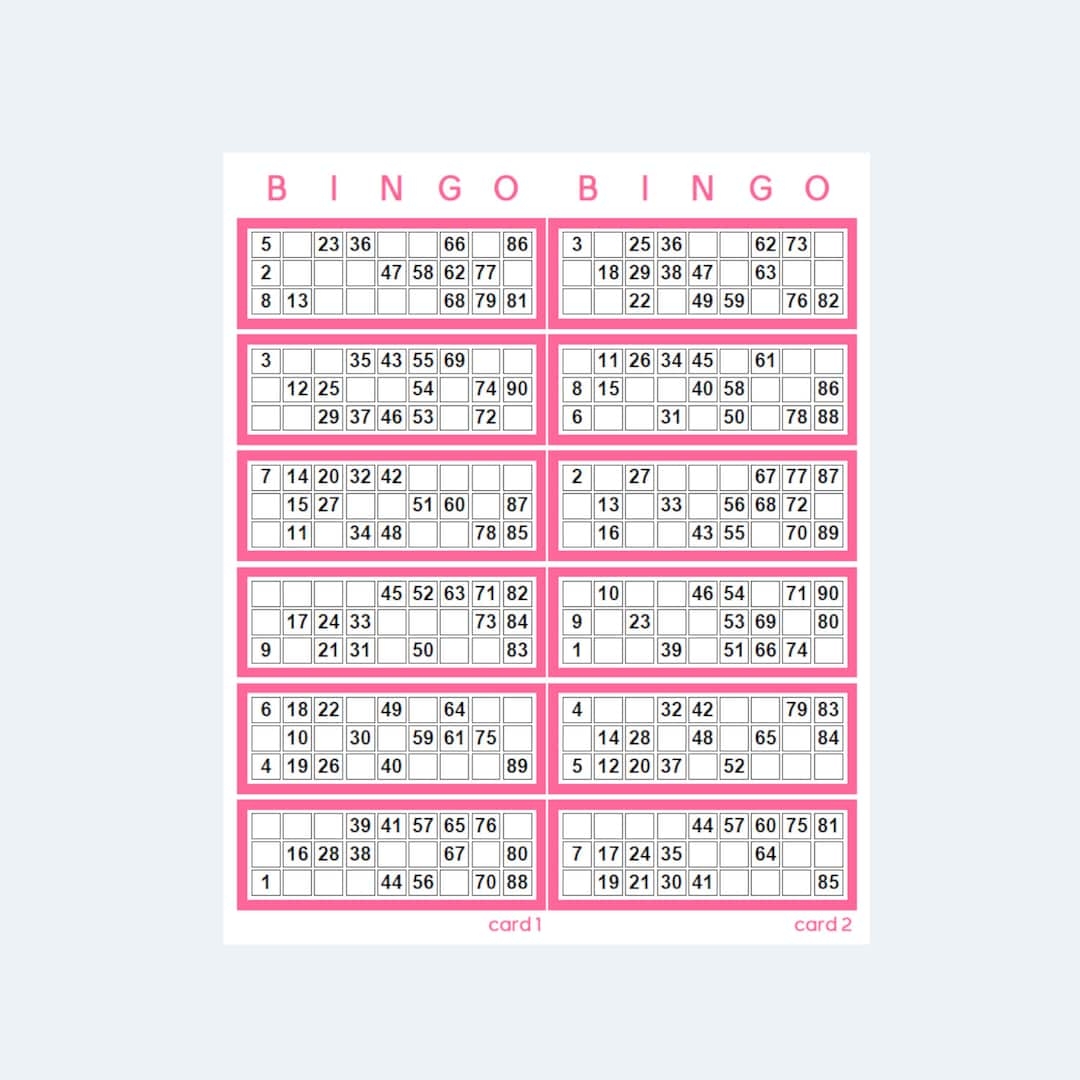 Printable UK Style 1 90 Bingo Ticket Cards 2 Per Page 500 Pages 1000 Cards Pretty In Pink Printable PDF Download Etsy Printable UK Style 1 90 Bingo Ticket Cards 2 Per Page 500 Pages 1000 Cards Pretty In Pink Printable PDF Download Etsy