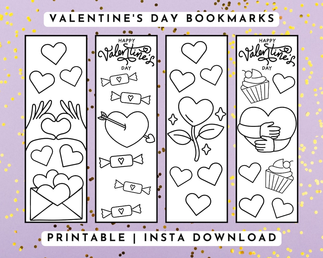 Printable Valentine s Day Bookmark Color Your Own Valentine Bookmark Valentine s Day Class Party Activity For Kids Set Of 4 Etsy