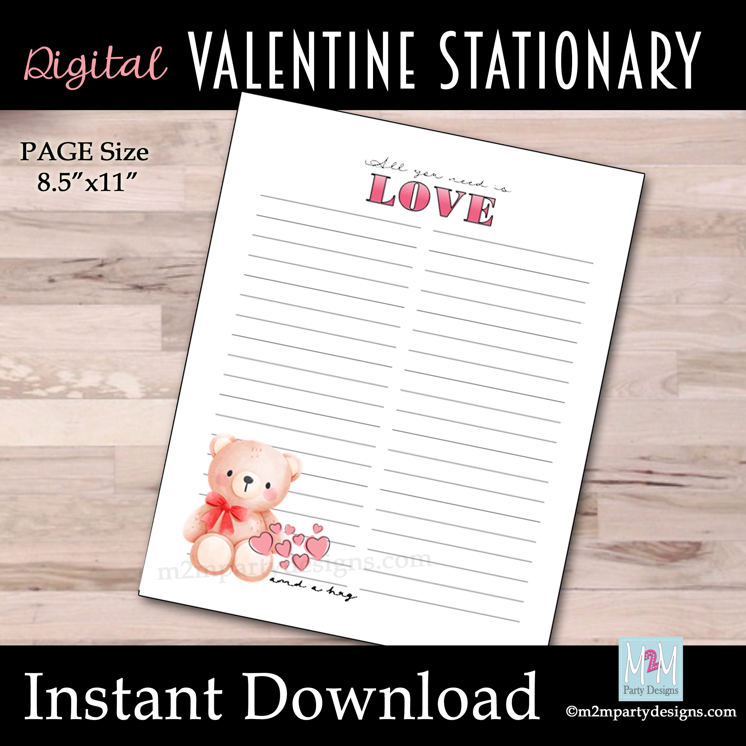 Printable Valentine s List Stationary Love List Stationary February Bear Hug Stationary