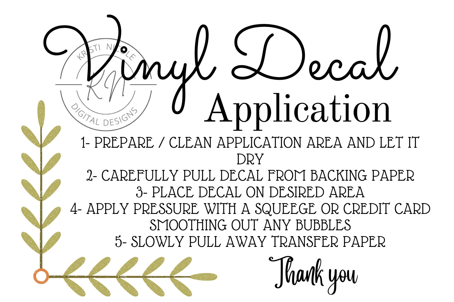 Printable Vinyl Decal Application Card Digital File Ready To Print Instant Download Decal Instructions Small Business Supplies
