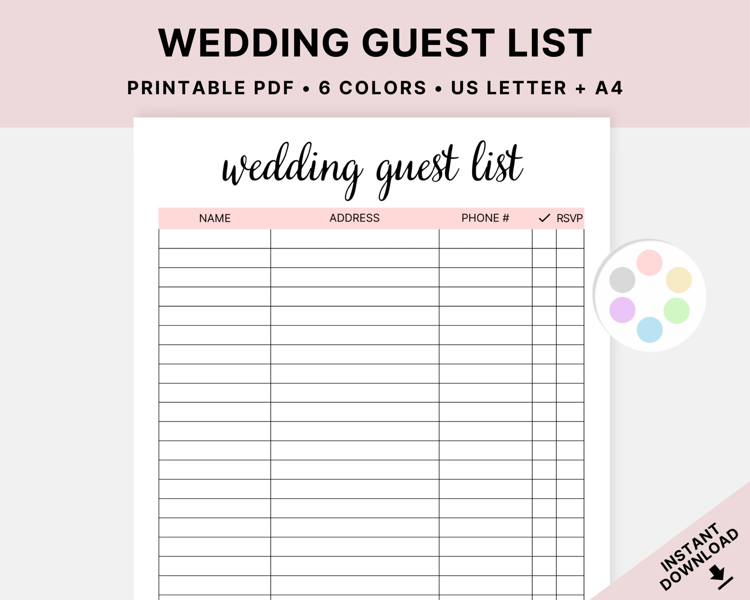 Printable Wedding Guest List Wedding Planner Event Planning 