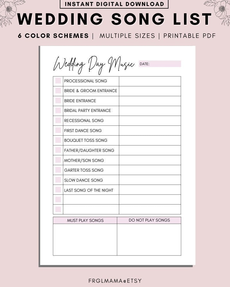 Printable Wedding Song List Wedding Playlist Wedding Music List DJ Song List Wedding DJ Questionnaire Wedding Processional Songs PDF Etsy