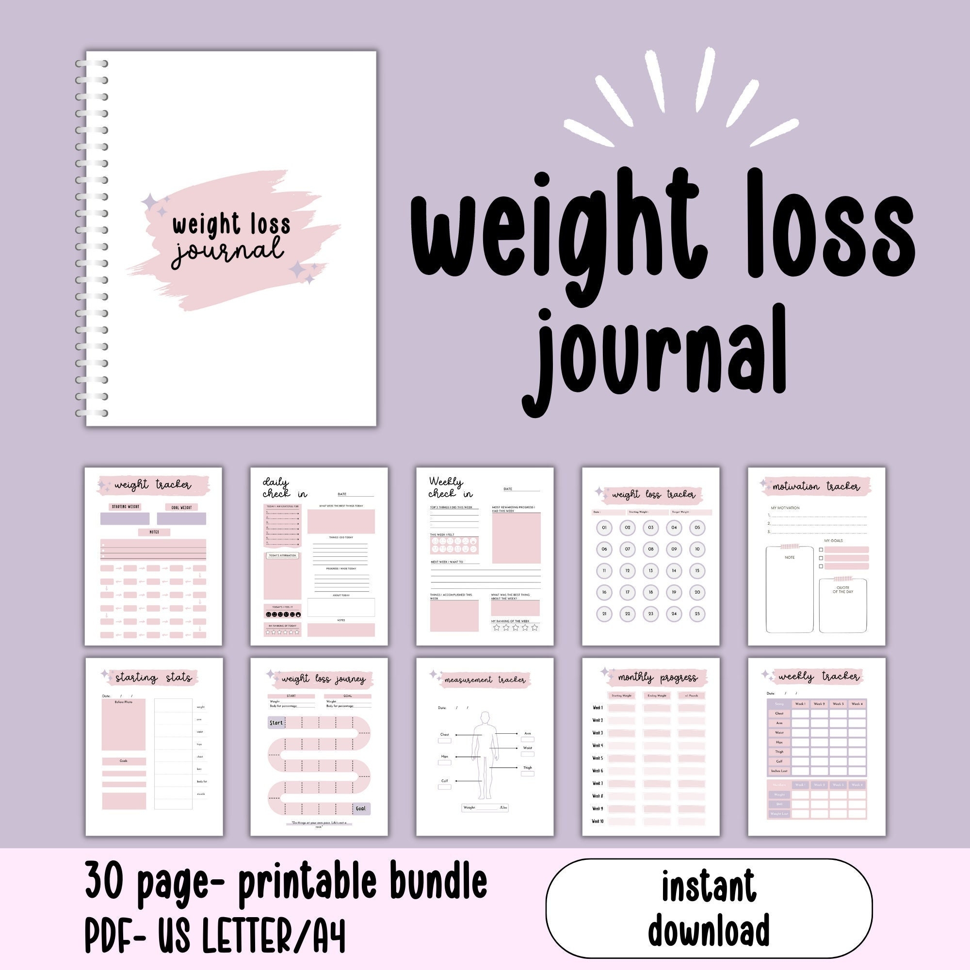 Printable Weight Loss Tracker Journal Weight Loss Progress Meal Planning Fitness Goals Motivation And Accountability Health U0026 Wellness Etsy