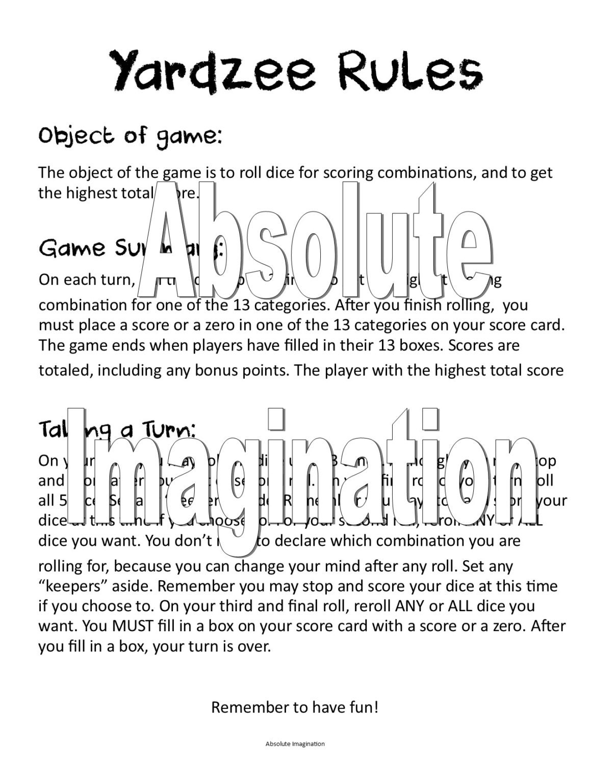PRINTABLE Yardzee RULES Yardzee Board Lawn Yahtzee PRINTABLE Yardzee RULES Yardzee Board Lawn Yahtzee