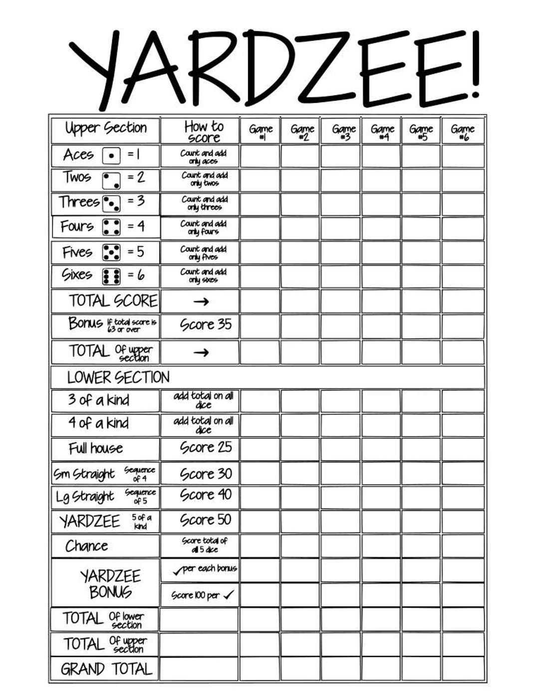 Printable YARDZEE Score Card File Instant Download Diy DIY Yardzee Scorecard Digital File Etsy